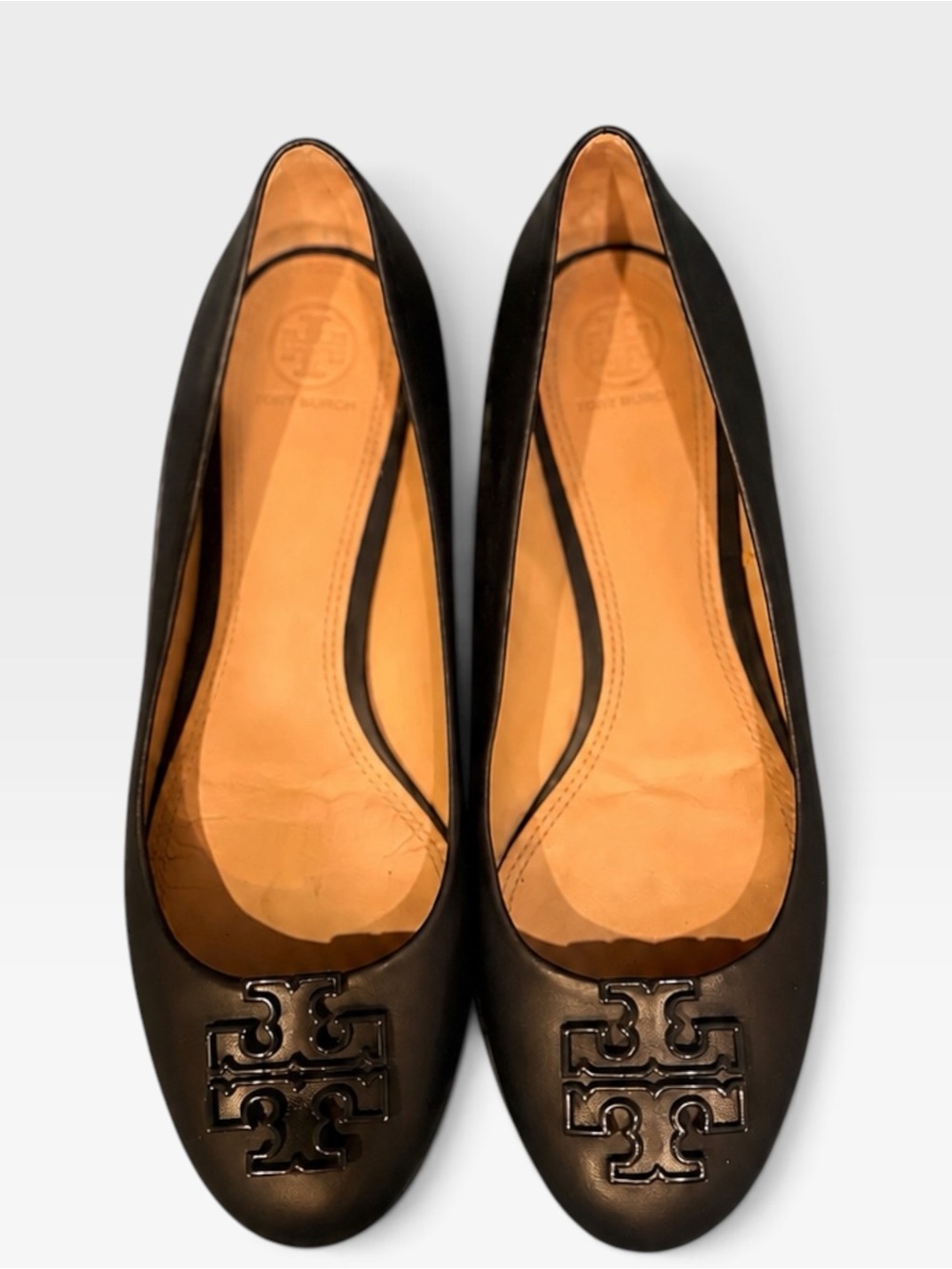 Tory Burch Black Leather Logo Round-Toe Ballet Flats 10M